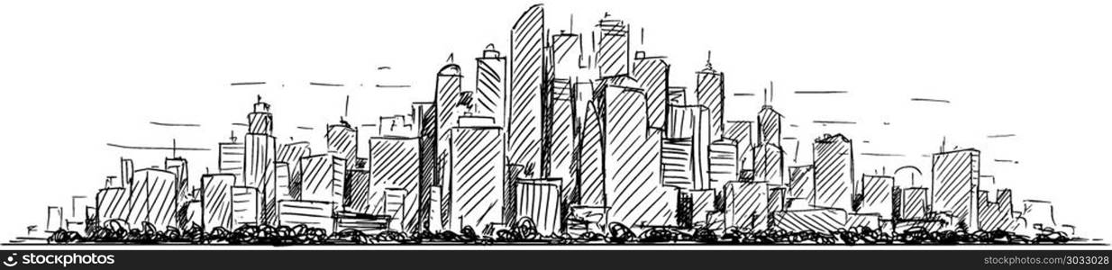 Vector Artistic Drawing Sketch of Generic City High Rise Cityscape Landscape with Skyscraper Buildings. Vector artistic sketchy pen and ink drawing illustration or sketch of generic city high rise cityscape landscape with skyscraper buildings.