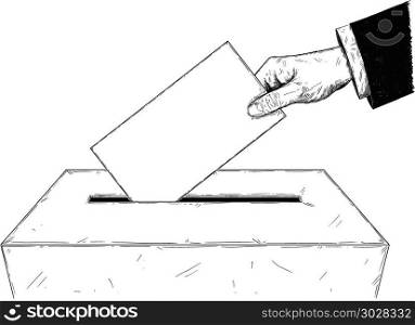 Vector Artistic Illustration or Drawing of Voter&rsquo;s Hand Putting Envelope in Ballot Box. Vector artistic pen and ink drawing illustration of voters or businessman hand putting envelope in ballot box. Concept of elections.