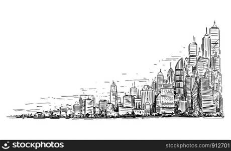 Vector artistic sketchy pen and ink drawing illustration of generic city high rise cityscape landscape with skyscraper buildings, Business and Government Buildings.. Vector Artistic Drawing Illustration of Generic City High Rise Cityscape Landscape with Skyscraper Building, Business and Government Buildings.
