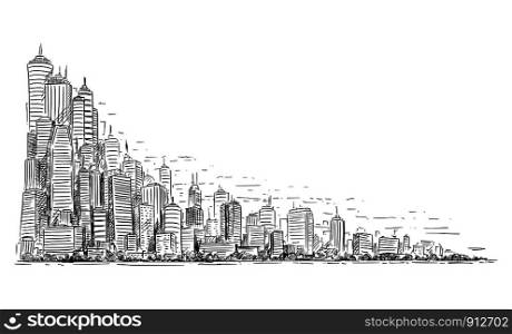 Vector artistic sketchy pen and ink drawing illustration of generic city high rise cityscape landscape with skyscraper buildings, Business and Government Buildings.. Vector Artistic Drawing Illustration of Generic City High Rise Cityscape Landscape with Skyscraper Building, Business and Government Buildings.