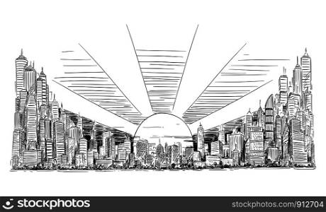 Vector artistic sketchy pen and ink drawing illustration of generic city high rise cityscape landscape with skyscraper buildings, business and government buildings in sunrise.. Vector Artistic Drawing Illustration of Generic City High Rise Cityscape Landscape with Skyscraper Building in Sunrise