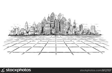 Vector artistic sketchy pen and ink drawing illustration of generic city high rise cityscape landscape with skyscraper buildings, view from empty brick floor.. Vector Artistic Drawing Illustration of Generic City High Rise Cityscape Landscape with Skyscraper Buildings, View From Empty Brick Floor