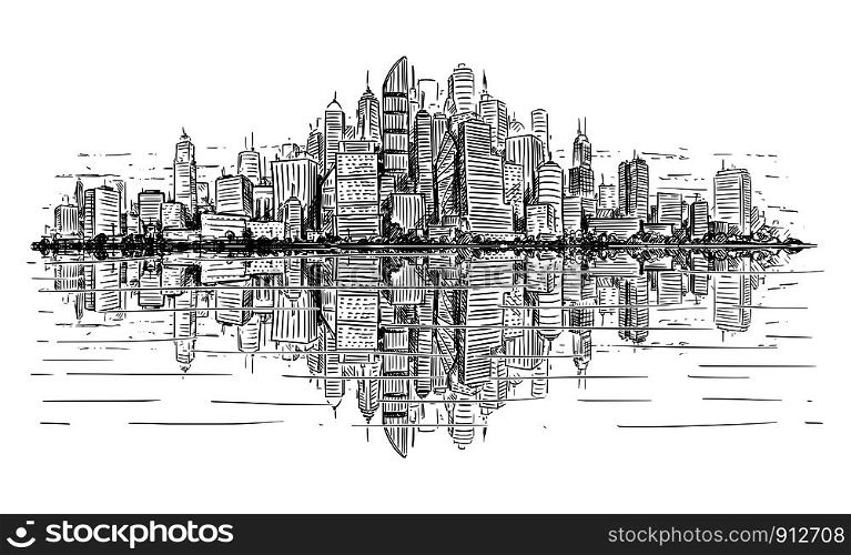 Vector artistic sketchy pen and ink drawing illustration of generic city high rise cityscape landscape with skyscraper buildings reflecting in water in front.. Vector Artistic Drawing Illustration of Generic City High Rise Cityscape with Skyscraper Buildings, Reflecting in Water in Front