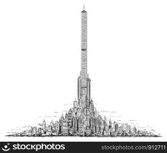 Vector artistic sketchy pen and ink drawing illustration of generic city high rise cityscape landscape with high skyscraper buildings in center.. Vector Artistic Drawing Illustration of Generic City High Rise Cityscape Landscape with High Skyscraper Buildings in Center