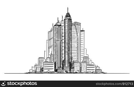 Vector artistic sketchy pen and ink drawing illustration of generic city high rise cityscape with high skyscraper buildings in center.. Vector Artistic Drawing Illustration of Generic City High Rise Cityscape with Business Buildings in Center