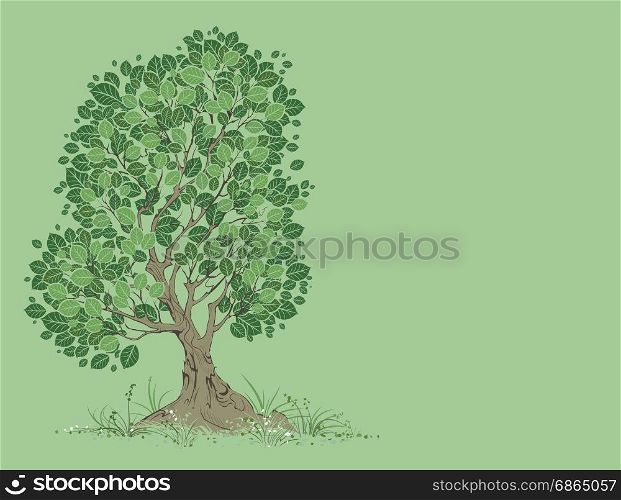 vector artistically painted tree with green leaves on a green background.