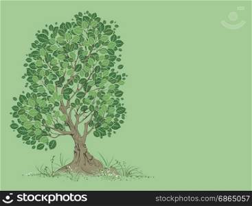 vector artistically painted tree with green leaves on a green background.