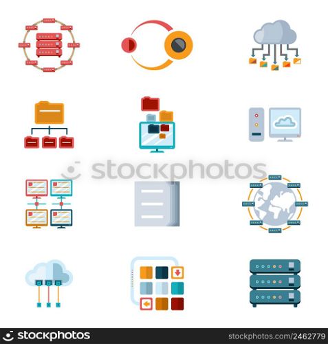 Vector Assorted Colored Computer Networking Icons with Files Servers and Computer Devices Isolated on White Background.