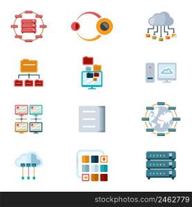 Vector Assorted Colored Computer Networking Icons with Files Servers and Computer Devices Isolated on White Background.