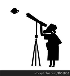 Vector astronomer silhouette with telescope. Old man is seeing with a  comet seeker.
