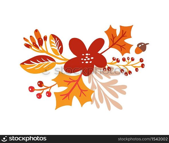 Vector autumn bouquet elements. maple orange leaves, berries flat lay composition isolated on white background. Perfect for seasonal holidays, Thanksgiving Day.. Vector autumn bouquet elements. maple orange leaves, berries flat lay composition isolated on white background. Perfect for seasonal holidays, Thanksgiving Day