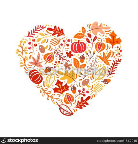 Vector autumn elements made in heart love. Mushroom, acorn, maple leaves and pumpkin isolated on white background. Perfect for seasonal holidays, Thanksgiving Day.. Vector autumn elements made in heart love. Mushroom, acorn, maple leaves and pumpkin isolated on white background. Perfect for seasonal holidays, Thanksgiving Day