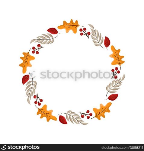 Vector autumn frame round wreath with place for text. With leaves, acorts and berries for Happy Thanksgiving Day. Template illustration for print, greeting card, mugs. Fall concept.. Vector autumn frame round wreath with place for text. With leaves, acorts and berries for Happy Thanksgiving Day. Template illustration for print, greeting card, mugs. Fall concept