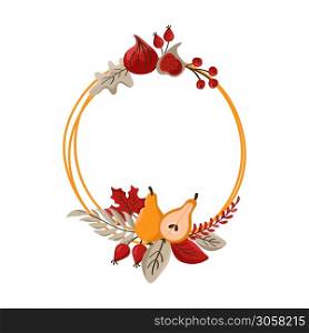Vector autumn geometric round frame wreath with place for text. With leaves, figs, pears and berries for Happy Thanksgiving Day. Template illustration for print, greeting card.. Vector autumn geometric round frame wreath with place for text. With leaves, figs, pears and berries for Happy Thanksgiving Day. Template illustration for print, greeting card