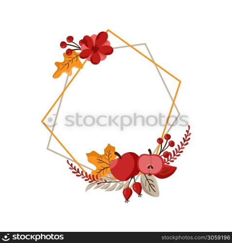 Vector autumn geometric round frame wreath with place for text. With leaves, pumpkin and berries for Happy Thanksgiving Day. Template illustration for print, greeting card. Fall concept.. Vector autumn geometric round frame wreath with place for text. With leaves, pumpkin and berries for Happy Thanksgiving Day. Template illustration for print, greeting card. Fall concept
