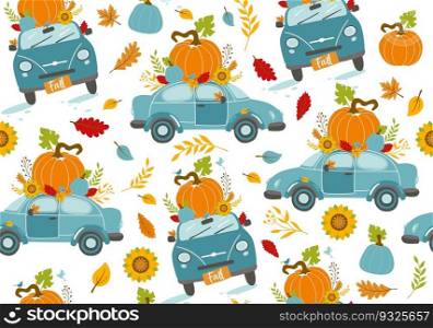 Vector autumn greeting card with car and pumpkin, falling leaves and text Hello autumn .. Seamless pattern autumn greeting card with car and pumpkin, falling leaves and text Hello autumn . Background for fall season. Poster with transportation and floral elements. Harvest time