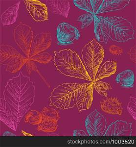 Vector autumn hand drawing seamless pattern with bright colorful horse chestnut leaves and seeds outline on the maroon background. Fall line art of foliage in different color. stock illustration