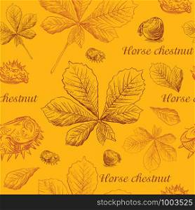 Vector autumn hand drawing seamless pattern with brown color horse chestnut leaves and seeds outline on the orange background. Fall line art of foliage in different color. stock illustration