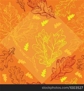 Vector autumn hand drawing seamless pattern with different color oak tree leaves outline on the orange background. Fall line art of foliage in red and yellow colors. stock illustration