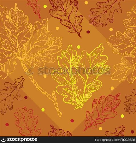 Vector autumn hand drawing seamless pattern with different color oak tree leaves outline on the orange background. Fall line art of foliage in red and yellow colors. stock illustration