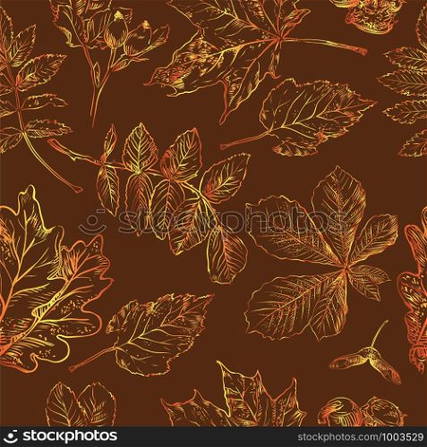 Vector autumn hand drawing seamless pattern with horse chestnut, hawthorn, rose hip, Rowan leaves outline on the brown background. Fall line art of foliage in gradient colors. stock illustration