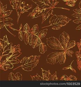 Vector autumn hand drawing seamless pattern with horse chestnut, hawthorn, rose hip, Rowan leaves outline on the brown background. Fall line art of foliage in gradient colors. stock illustration