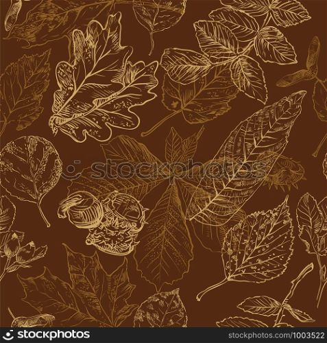Vector autumn hand drawing seamless pattern with horse chestnut, oak, rose hip, Rowan leaves outline on the brown background. Fall line art of foliage in monochrome brown colors. stock illustration