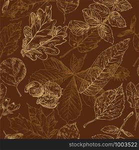 Vector autumn hand drawing seamless pattern with horse chestnut, oak, rose hip, Rowan leaves outline on the brown background. Fall line art of foliage in monochrome brown colors. stock illustration