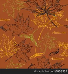Vector autumn hand drawing seamless pattern with maple tree leaves outline on the brown background. Fall line art of foliage in monochrome colors. stock illustration