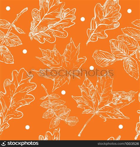 Vector autumn hand drawing seamless pattern with white color maple tree, rose hip, oak tree leaves outline on the orange background. Fall line art of foliage in white color. stock illustration