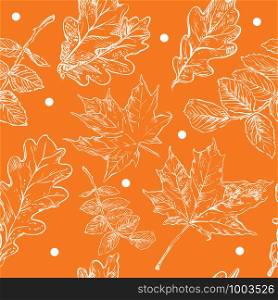 Vector autumn hand drawing seamless pattern with white color maple tree, rose hip, oak tree leaves outline on the orange background. Fall line art of foliage in white color. stock illustration