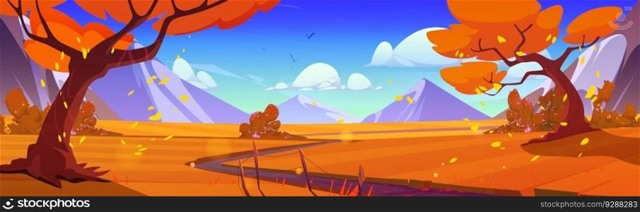 Vector autumn mountain forest landscape with path cartoon background scene. Fall nature scenery illustration with beautiful moutain and cloud in sky. Picturesque panoramic horizon route near highland. Vector autumn mountain forest landscape with path