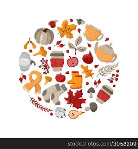 Vector autumn round frame for background. With leaves, acorts and berries for Happy Thanksgiving Day. Template illustration for print, greeting card, mugs. Fall concept.. Vector autumn round frame for background. With leaves, acorts and berries for Happy Thanksgiving Day. Template illustration for print, greeting card, mugs. Fall concept