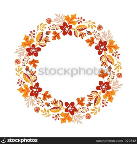 Vector Autumn round frame. Wreath of fall leaves. Background with hand drawn autumn leaves with place for your text. doodle scandinavian design elements illustration.. Vector Autumn round frame. Wreath of fall leaves. Background with hand drawn autumn leaves with place for your text. doodle scandinavian design elements illustration