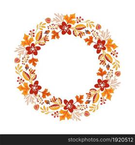 Vector Autumn round frame. Wreath of fall leaves. Background with hand drawn autumn leaves with place for your text. doodle scandinavian design elements illustration.. Vector Autumn round frame. Wreath of fall leaves. Background with hand drawn autumn leaves with place for your text. doodle scandinavian design elements illustration