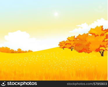 Vector autumn rural landscape with meadow and forest. Vector illustration autumn rural landscape with meadow and forest