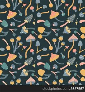 Vector autumn seamless pattern with cute mushrooms. A repeating texture with natural elements for the fall season. Scandinavian style. Print for fabric and wrapping paper.. Vector autumn seamless pattern with cute mushrooms. A repeating texture with natural elements for the fall season.