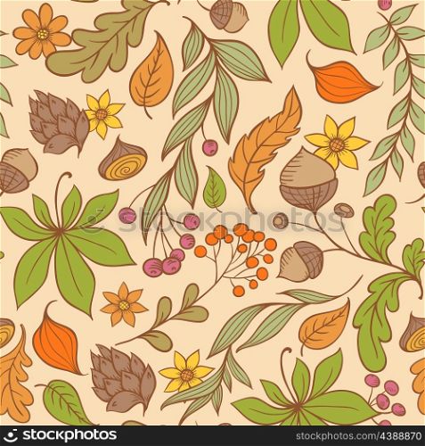 Vector autumn seamless pattern with leaves and flowers