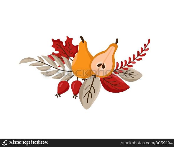 Vector Autumn wreath design template print with pears, leaves, berries and place for text. October harvest background illustration for Happy Thanksgiving Day. Fall Nature design.. Vector Autumn wreath design template print with pears, leaves, berries and place for text. October harvest background illustration for Happy Thanksgiving Day. Fall Nature design