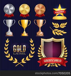 Vector Awards And Trophies Collection. Golden Badges And Labels. Championship Design. 1st, 2nd, 3rd Place. Golden, Silver, Bronze Achievement. Empty Badge, Medal Blank.. Vector Awards And Trophies Collection. Golden Badges And Labels. Championship Design. 1st, 2nd, 3rd Place. Golden, Silver, Bronze Achievement. Empty Badge