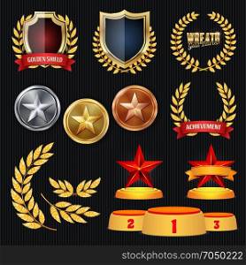Vector Awards And Trophies Collection. Golden Badges And Labels. Championship Design. 1st, 2nd, 3rd Place. Golden, Silver, Bronze Achievement. Badge, Medal.. Vector Awards And Trophies Collection. Golden Badges And Labels. Championship Design. 1st, 2nd, 3rd Place. Golden, Silver, Bronze Achievement Badge