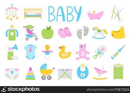 Vector babies icons. Cartoon baby icon set, baby shower vector illustration and newborn family accessories. Cartoon baby icon set