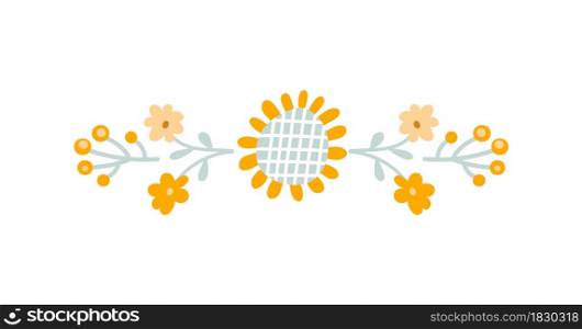 Vector baby Floral summer divider banner, Pastel kids color sunflower and wildflowers. Scandinavian style hand drawn divider shape. Isolated illustration on white background.. Vector baby Floral summer divider banner, Pastel kids color sunflower and wildflowers. Scandinavian style hand drawn divider shape. Isolated illustration on white background