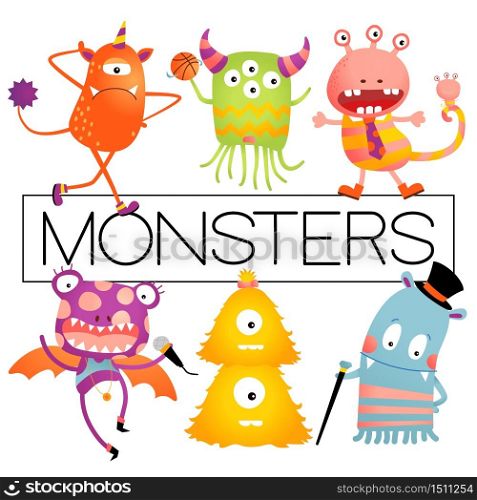 Vector Baby or Kids Design Elements, Colorful Happy Monster Set.