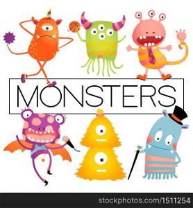 Vector Baby or Kids Design Elements, Colorful Happy Monster Set.