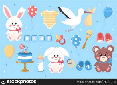 Vector baby shower set elements icon. Cartoon toys bunny, bear, bodysuit, stork with baby, birthday cake, rattle, booties, pacifier, balloons on blue background