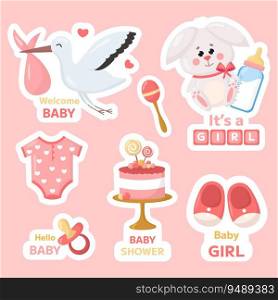 Vector baby shower stickers set for baby girl birthday day or baby shower party. Cartoon childish toy bunny, kids booties, pacifier, bottle labels on pink background. Badges for event