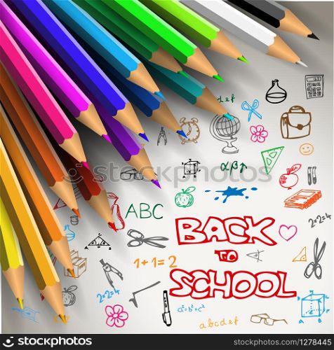 Vector Back to school poster - colorful crayons on white paper with doodles