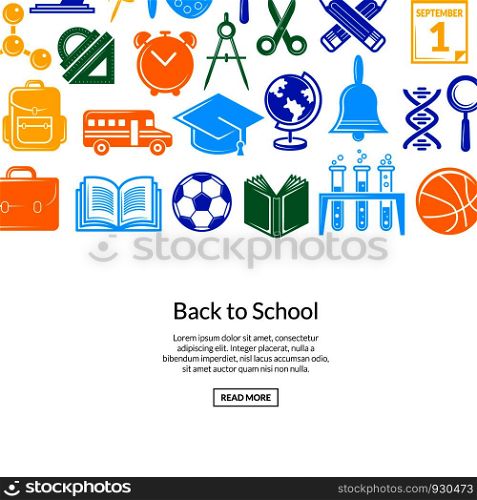 Vector back to school stationery background illustration. Banner with colored icons and elements. Vector back to school stationery background illustration