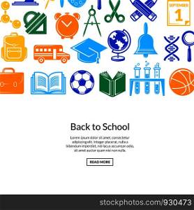 Vector back to school stationery background illustration. Banner with colored icons and elements. Vector back to school stationery background illustration